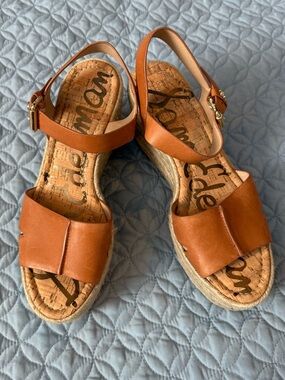 NEW WITHOUT TAG Sam Edelman Cognac Leather Espadrille Wedge Sandals